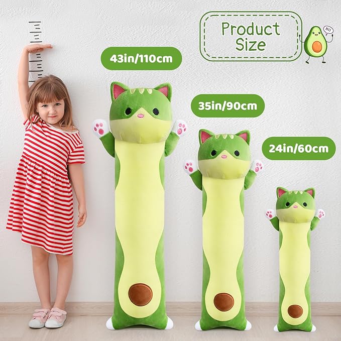 Long Cat Plush Boby Pillow, 24inch Cute Long Cat Avocado Plush Toy, Soft Kitten Boby Hugging Pillow Gifts for Kids, Boys and Girls