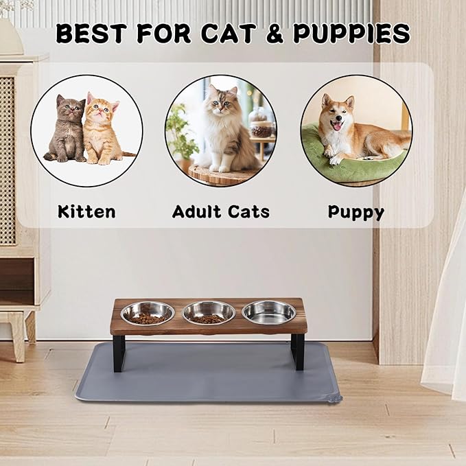 Upgraded Elevated Cat Bowls with Food Mat,15°Tilted Stand Anti Vomiting Raised Cat Dishes for Food and Water,3 Stainless Steel Bowls for Cats and Puppy（Rustic Brown）