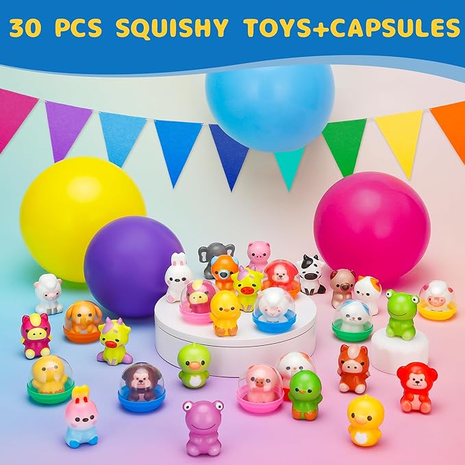 30 Packs Squishy Animals with Capsules, Slow Rising Stress Relief Toys, Party Favors, Birthday Gifts, Sensory Fidget Toys for Kids, Classroom Rewards, Travel & Claw Machine Toys