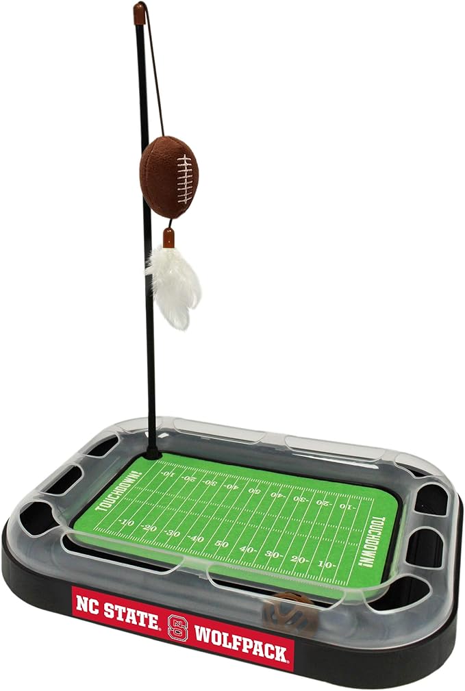 Pets First Cat Scratching Toy NCAA NORTH CAROLINA STATE Wolfpack Football Field Cat Scratcher Toy with Interactive Cat Ball Bell. 5-in-1 CAT TOY Cat Wand Poll + CATNIP FILLED Plush Football & Feathers