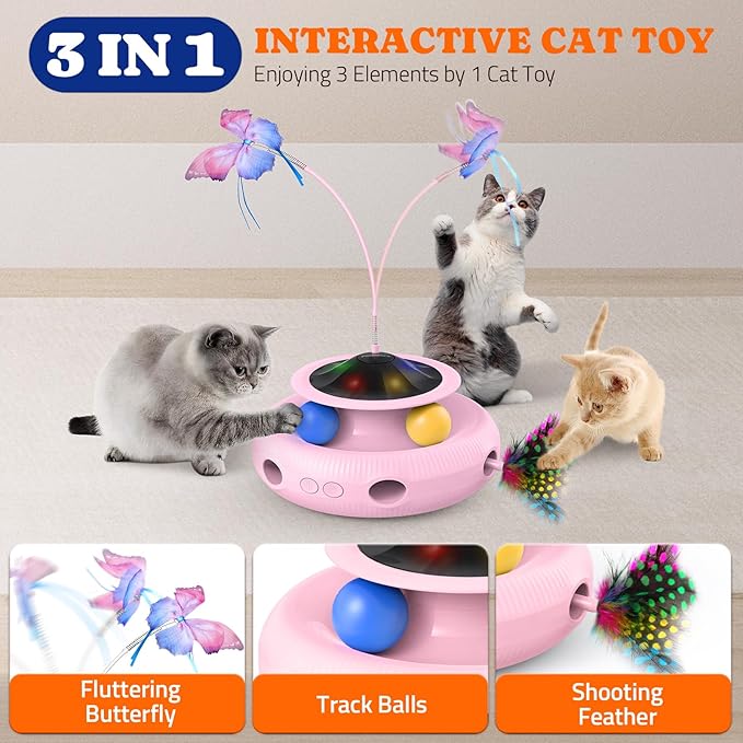 Interactive Cat Toy: 3 in 1 Automatic Cat Toy for Indoor Cats, Electric Kitten Toy with Rechargeable Battery, Self Play Kitty Toys with Rotating Fluttering Butterfly,Track Ball and Ambush Feather,Pink