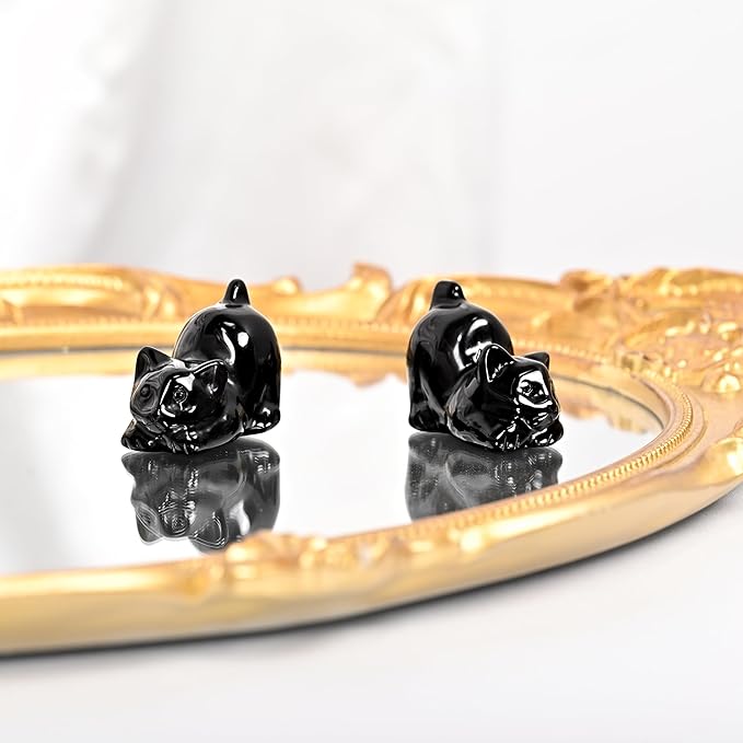 WHAL&YUNE Black Obsidian Cat 1PC, Crystal Cat Figurine, Natural Gemstone Lying Cat Ornament Hand Carved Cat Statue Cat for Cat Lovers, Gift 1.5"