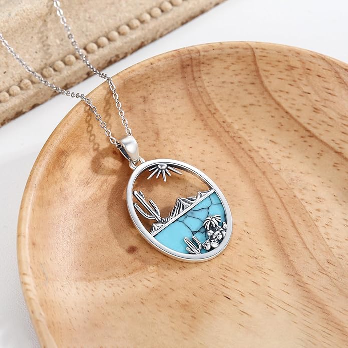 Midir&Etain Western Necklace 925 Sterling Silver Turquoise Pendant Cow Skull/Hat/Tag/Cactus Cowgirl Country Jewelry for Women Men