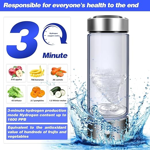 Hydrogen Water Bottle, 2024 New Portable Hydrogen Water Ionizer Machine, Hydrogen Water Generator, Hydrogen Rich Water Glass Health Cup for Home Office Travel (Grey)