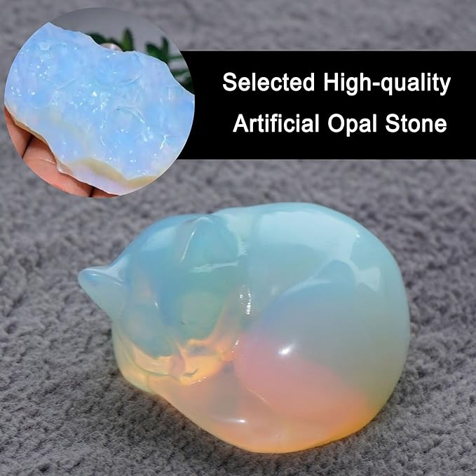 OwMell Tiny Sleeping Cat Statue Hand-Carved Healing Stone Gemstone Little Kitten Statue Figurine 2" - Opal Small