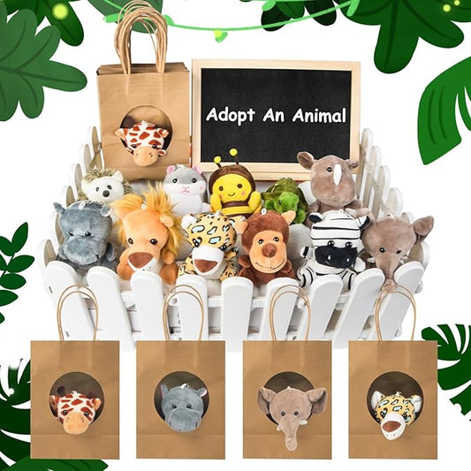 36Pcs Adopt an Animals Party Favors, Mini Safari Stuffed Animals Adopt A Pet Set Includes 12 Jungle Stuffed Animals 12 Kraft Paper Bags 10 White Plastic Fence Mini Chalkboard & Chalk Marker