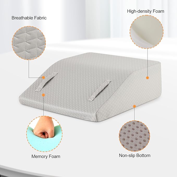 Leg Elevation Pillows for Sleeping, Memory Foam Wedge Pillow for Legs, Knee Wedge Pillow for After Surgery, Swelling, Back Pain and Circulation, Non-Slip Base, Removable Cover (10 Inch, Grey)