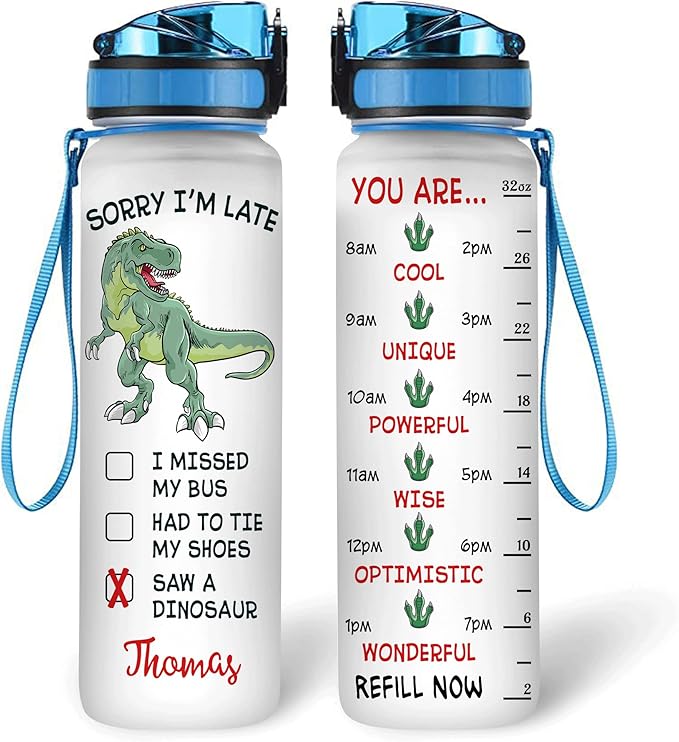 Hyturtle Personalized Dinosaur Lovers 32 Oz 1Liter Motivational Water Bottle, Sorry I'm Late Customized Name Water Bottle With Time Marker, Dino Bottle Gifts For Women Girl Kid On Birthday, Christmas