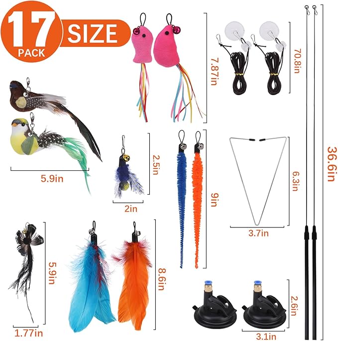 PAWCHIE Cat Toy,Interactive Cat Feather Toy,Suction Cup Cat Bird Simulation Toy Set,Self Play Cat Kitten Toys for Indoor，Cat Wand Toy 10 PCS Cat Feather Replacement Toys,Hanging String and Mouse Toy