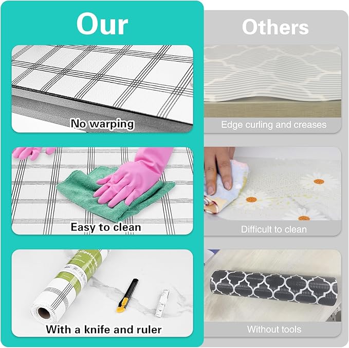Shelf Liner,Drawer Liner for Kitchen Cabinet,18 in x 10 FT Cabinet Liners Non-Adhesive Non-Slip Contact Paper Waterproof Kitchen Liner Protect Desks, Cupboard with Knife and Tape Measure