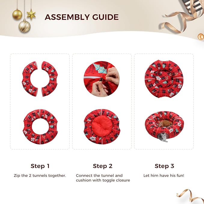 PAWZ Road Cat Tunnel Christmas Cat Donut Tunnel Collapsible Cat Tunnel Tube Dia-38 inches with Soft Mat for Indoor Cats, Rabbits and Puppies, Red