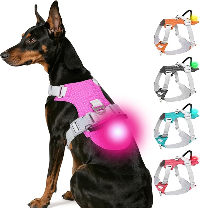 Joytale Lightweight Light Up Dog Harness, Rechargeable No-Pull LED Dog Harness with Detachable Light Box, Airtag Holder, Adjustable for Night Walking, Running & Everyday Use, Hotpink, XL