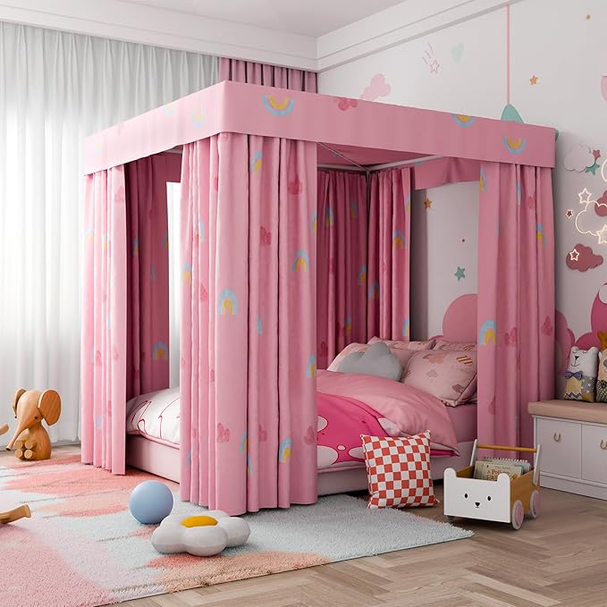 Hvqic Pink Canopy Bed Curtains - 4 Corner Post Bed Curtains Lightproof Princess Bed Canopy for Girls Rainbow Canopy Bed Curtains for Kids Room Decor(Full,Pink-Cloud)