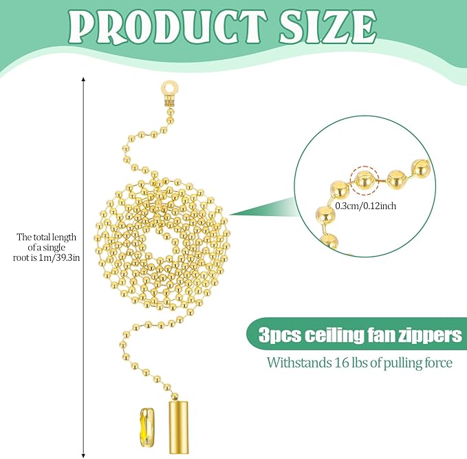 3 Pack Pull Chain String Extension Ceiling Fan Pull Chain Stainless Steel Switch Chain Extender wif Connector, for Ceiling Fan Light Fixture Light Bulb,1 Meter Length(Gold)