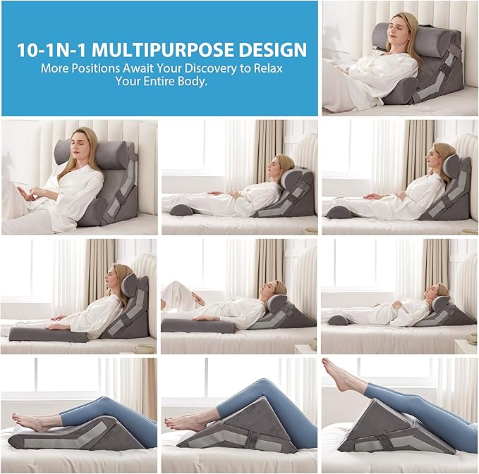 4pcs Orthopedic Bed Wedge Pillow Set, Memory Foam Post Surgery Pillow for Back, Leg Pain Relief, Adjustable Pillow Wedge for Sleeping, Bed Sitting up, Acid Reflux, GERD & Snoring, Grey