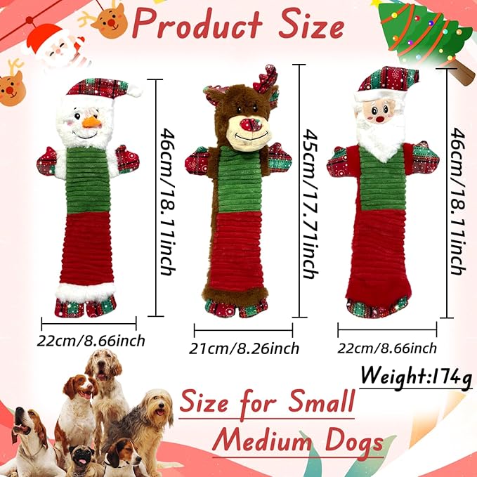 3PCS Christmas Dog Squeaky Toys with Crinkle, Xmas Interactive Plush Toys to Boredom, Dog Enrichment Chew Toys to Keep Them Busy, for Small Medium Large Size Santa Claus/Snowman/Deer