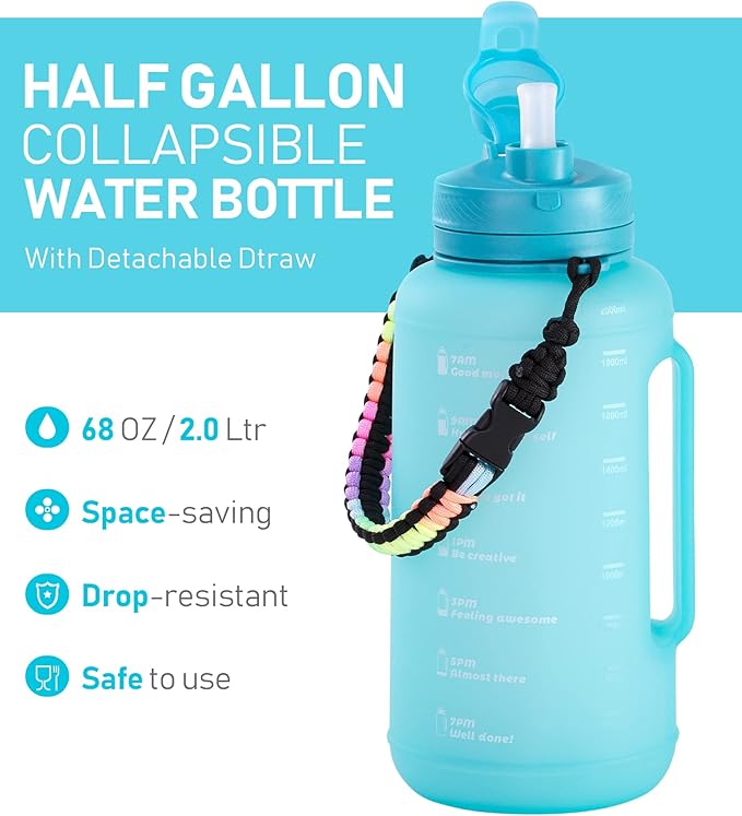 68 oz Collapsible Water Bottles With Straw, Half Gallon Water Bottle With Motivational Time Marker, Large Reusable Silicone Water Jug With Paracord Handle For Sports, Outdoors (Blue)