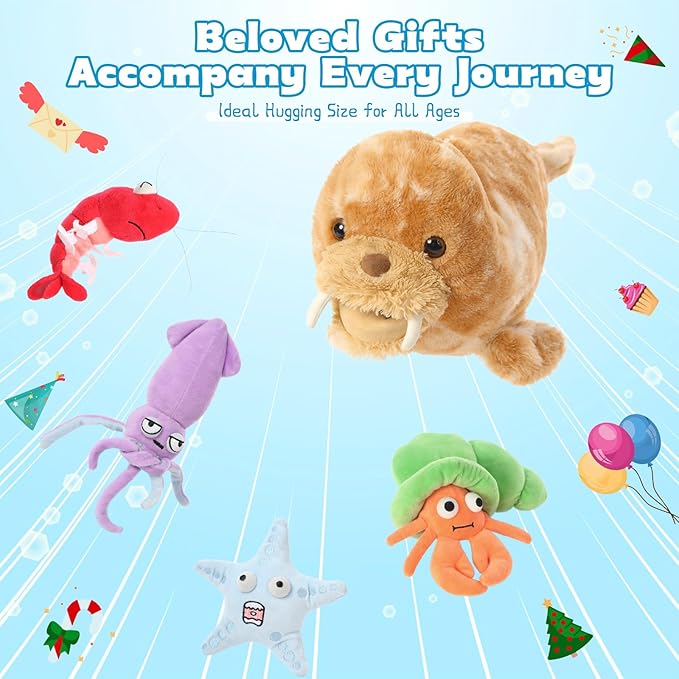 MorisMos 5Pcs Walrus Stuffed Animal Set,18'' Big Walrus Plush Toy with Crab,Lobster,Squid,Starfish Plushies,Bulk Marine Animal Gifts for Kid Girl Boy Ocean Lover Sea Animal for Birthday Christmas