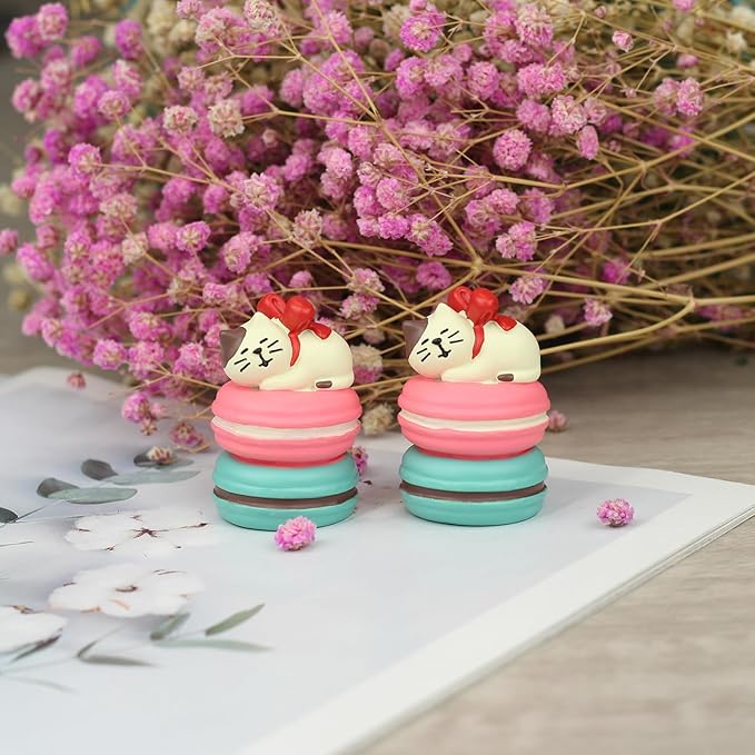 Cute Miniature Cat Figurine Resting on Macaron Resin Mini Cat Figures, Kitten Miniature Desk Accessories - Perfect Cute Cat Gift for Cat Lovers