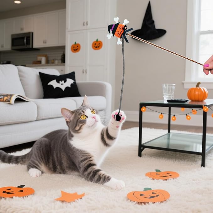 Halloween Cat Teaser Wand, 2 Pack Interactive Cat Wands Toys with Pumpkin Witch Spider and Trident Skull Tassels, Fun Exerciser for Kittens and Cats