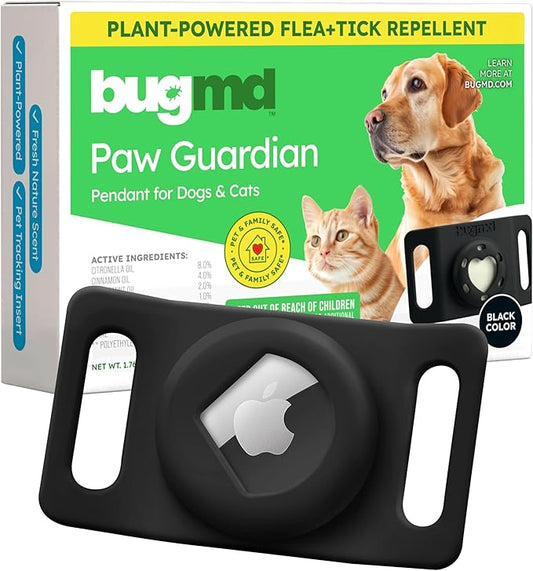 BugMD Paw Guardian Flea and Tick Prevention Pendant for Dogs & Cats with AirTag Holder | Plant-Powered Flea & Tick Control for Dog Collars & Cat Harnesses | Cat and Dog Tag with Air Tag Holder - BLACK