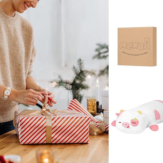 Strawberry Cow Plush Body Pillow, 25" Kawaii Cow Stuffed Animals Squishy Pillow, Cute Plushies Cuddle Pillow for Kids, Long Plush Cow Pillow Toys, Birthday Gifts for Women, Girls and Males