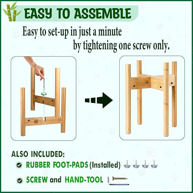 Dog Bowl Stand for Large Breed - 14-inch High, Adjustable Sideways to Fit Various Sizes of Pet Food/Water Bowls, Slow Feeders, and Drink Fountains - Bamboo