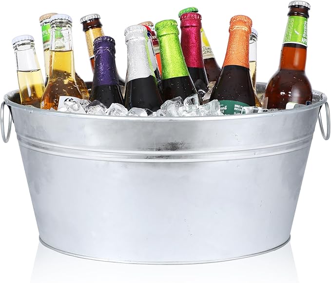 Ice Bucket, Oval Beverage Tub, Galvanized Bucket and drink Cooler for Parties, Ice Tub with Handles for Beer Sparkling Whisky Wine Cocktails (3.5gal) (Galvanized)