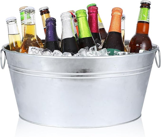 Ice Bucket, Oval Beverage Tub, Galvanized Bucket and drink Cooler for Parties, Ice Tub with Handles for Beer Sparkling Whisky Wine Cocktails (3.5gal) (Galvanized)