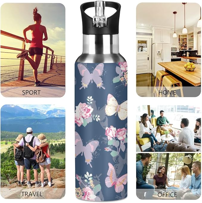 MNSRUU Insulated Water Bottle with Straw, Rainbow and Unicorns Stainless Steel Flasks for Sports Cycling Hiking School