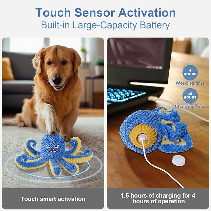 Interactive Dog Toys Octopus,Durable Automatic Jumping Dog Toy to Keep Them Busy,Squeaky Moving Tug of War Doggie Toy,USB Rechargeable,Not for Aggressive Chewers (Blue)