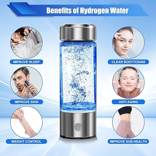 Hydrogen Water Bottle Portable, Hydrogen Water Bottle Generator with PEM SPE Technology, Hydrogen Water Ionizer Machine for Exercise Home Office Travel (Silver)