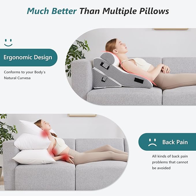 3 PCS Upgraded Bed Wedge Pillow for Sleeping - 35D Post Surgery Pillow for Back Leg Pain Relief - 16.5" Wide Wedge Pillows for After Surgery for Acid Reflux & GERD & Snoring(White Grey)
