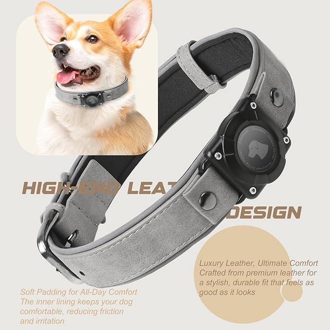 AirTag Dog Collar - Leather Dog Collar with Air Tag Holder | IPX8 Waterproof, Reflective, High - End, Adjustable Soft Padded | Dog GPS Tracker Collars Fit for Medium Large Dogs (Grey, L)
