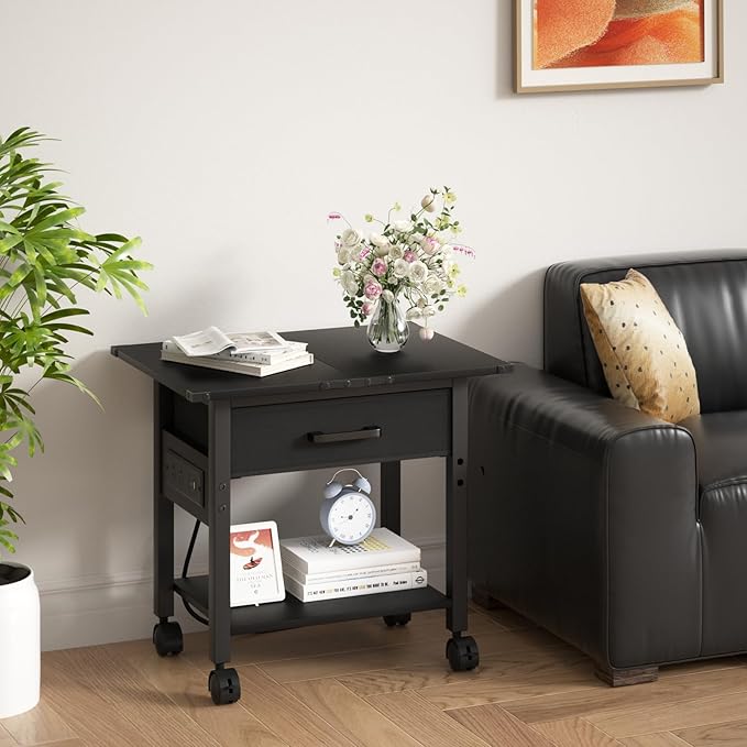 Lerliuo Under Desk Rolling Printer Stand with Charging Station and USB Ports, 2-Tier Printer Table Desk with Fabric Drawer, Printer Cart Holder with Lockable Wheels for Home, Office (Black)