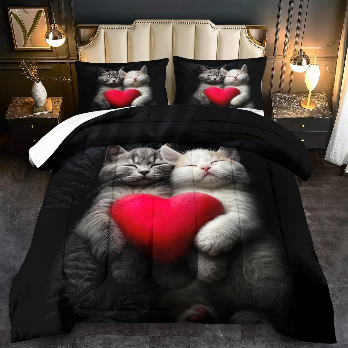 Cute Cat Comforter Set King,Kawaii Cat Bedding Set for Girls,Cute Animal Comforter Red Love Heart Bedding Decor,Kawaii Farm Animal Quilt Patterns Kids and Adults