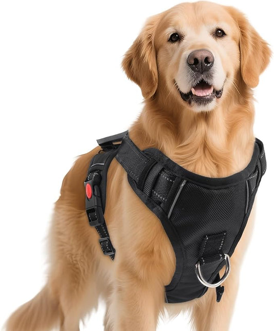 No Pull Dog Harness with 2 Leash Clips, Reflective Adjustable Soft Padded Vest with Handle, Breathable Oxford No Choke Pet Vest for Large Dogs, Black,L