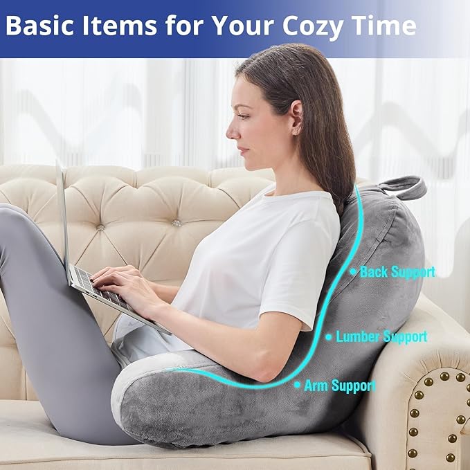 Sasttie Reading Pillow for Sitting in Bed Adult, Velvet Back Pillow for Bed Sitting Up, Backrest Back Support Chair Pillow, College Dorm Essentials for Girls and Boys, Dark Grey