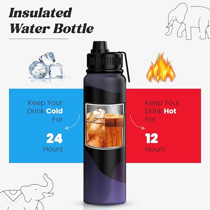 Insulated Water Bottle - Leak-Proof, BPA-Free, Wide Mouth, Sports, Gym, Travel, Stainless Steel Vacuum Insulated Bottle (Black) 34OZ