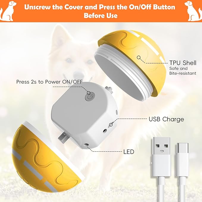 Interactive Dog Toy, Smart Interactive Dog Ball for Medium Large Dogs, Automatic Moving Vibrating Ball for Pets. Bouncing Pet Toys, Safe Material, Rechargeable and Waterproof