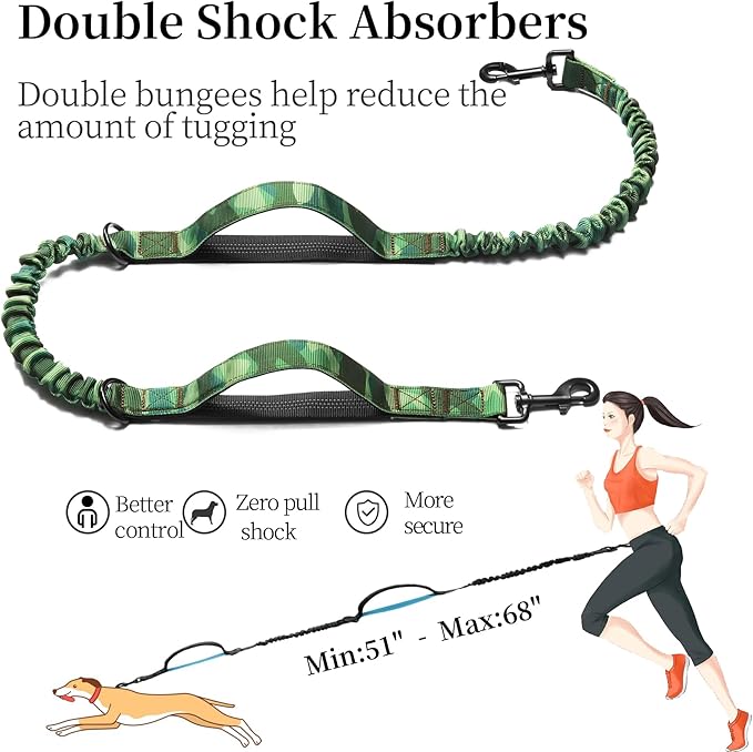 iYoShop Hands Free Dog Leash with Zipper Pouch, Dual Padded Handles and Durable Bungee for Walking, Jogging and Running Your Dog (camo Green, Large)