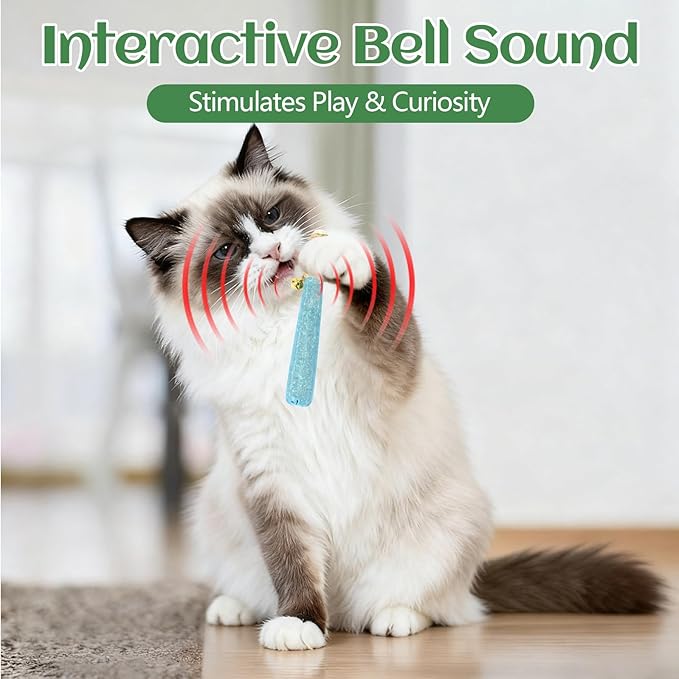 4 Pack Hand-Rolled Catnip Sticks with Chew Rope & Bell -Shaped Cat Toys for Indoor Cats and Kicker Toys, Teething Chew and Play Fun (Blue)