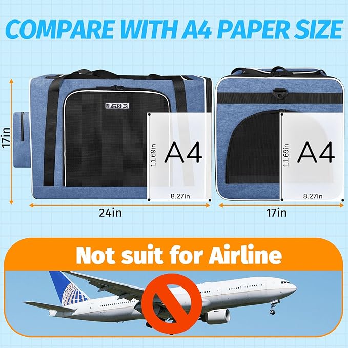 Petskd Extra Large Cat Carrier with Litter Box 24"x17"x17" for Medium Large Cat or 2 Small Cats, Collapsible Soft Sided Pet Carrier for Car Travel with Lockable Safety Zippers(Blue)