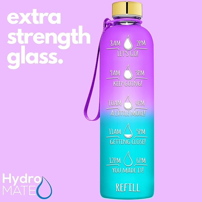 HydroMATE 32 oz Glass Water Bottle with Time Markers Reusable Leakproof Bottle with Hourly Markings 1 Liter