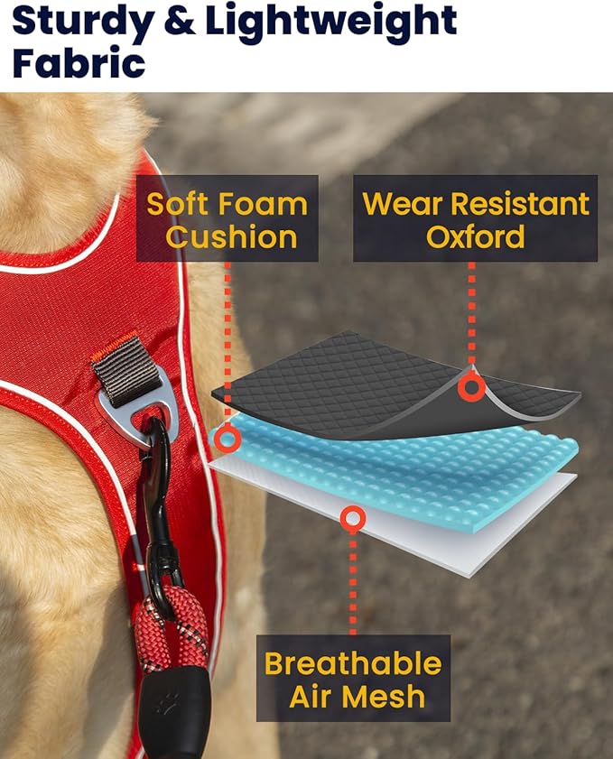 No Pull Dog Harness with Back Control Handle for Large Dogs, Reflective Vest, Adjustable and Padded, Easy Walk Front/Back Clips (Red, Large)