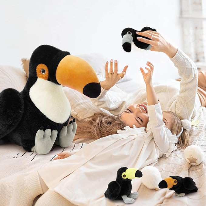 MorisMos 24" Giant Toco Toucan Stuffed Animal Mommy with 3 Baby Toucan Toys for Kid Girl Boy,Realistic Black Bird Plush with Baby Bird Toys Gift for Birthday,Tropical Rainforest Stuffed Animals Decor