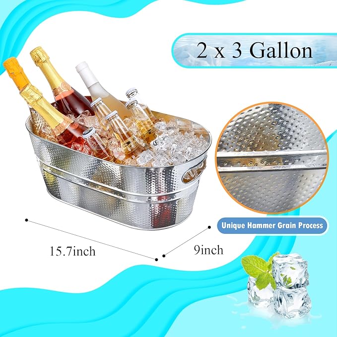 Ice Buckets for Parties 2 Pcs 3 Gallon Galvanized Beverage Metal Tub Hammered Texture Champagne Drink Wine Large Ice Bucket with Scoops for Cocktail Mimosa Bar Supplies
