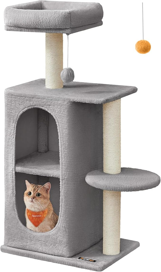 Feandrea Cat Tree Tower with 2 Caves for Multi-Cat Households, Kittens, Scratching Posts, Light Gray UPCT005G01