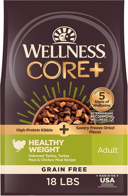 Wellness CORE+ Dry Dog Food with Freeze Dried Pieces, Grain Free, High Protein, Natural, Healthy Weight Turkey & Chicken Recipe, (18-Pound Bag)