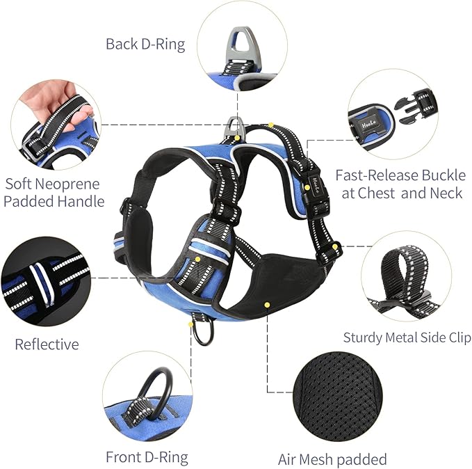 HEELE Dog Harness, No Pull Adjustable Padded Reflective Harness for Small Medium Large Dogs with Handle for Walking Training, Blue, L
